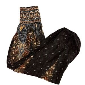 Banjamath Boho Peacock Feather Print Harem Pants Women's Size L Rayon